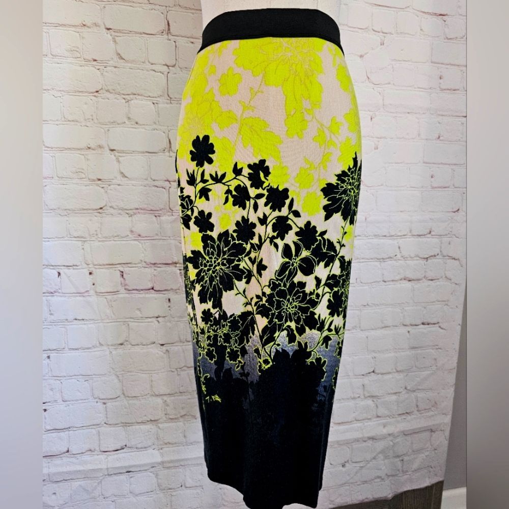 ASOS Petite Floral Bodycon Midi Skirt | Black, Cream & Neon Yellow | Sz 4 | EUC